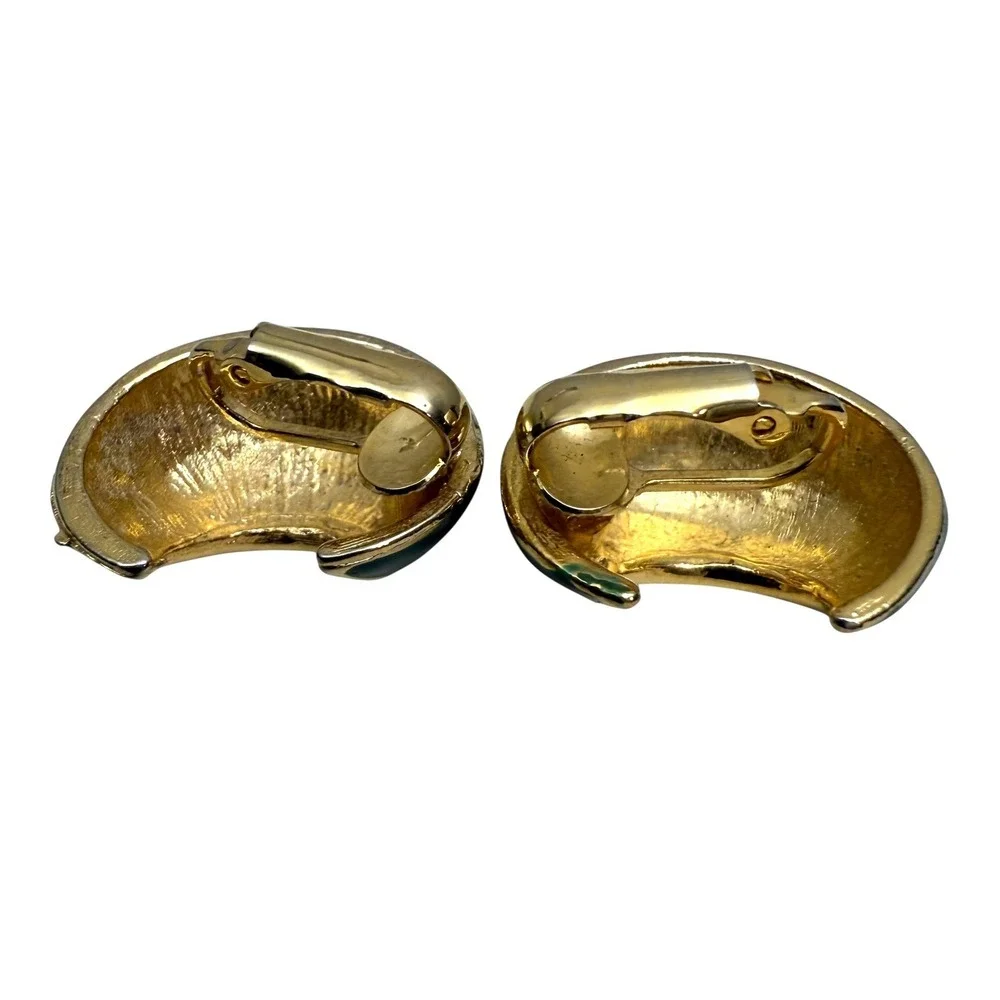 Vintage Gold Tone Enamel Emerald Green Clip On Earrings Oval Hoop Lightweight
